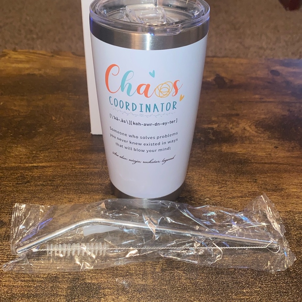 NWOT: CHAOS COORDINATOR! Tumbler and water glass, straw, and straw cleaner!